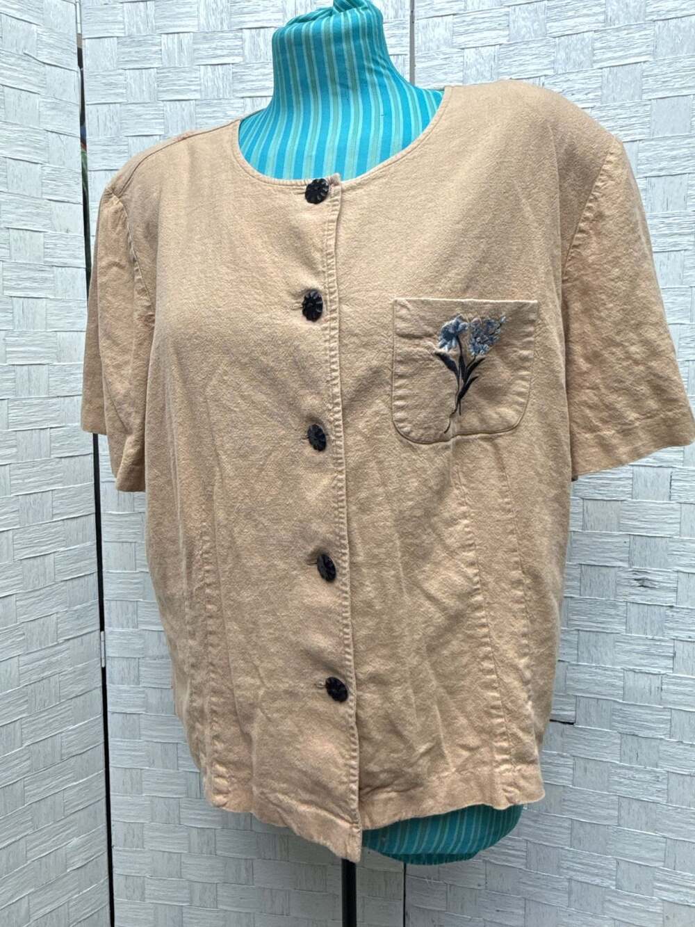 Jamie Brooke Blouse Size 20W Tan Linen Button Down Shirt